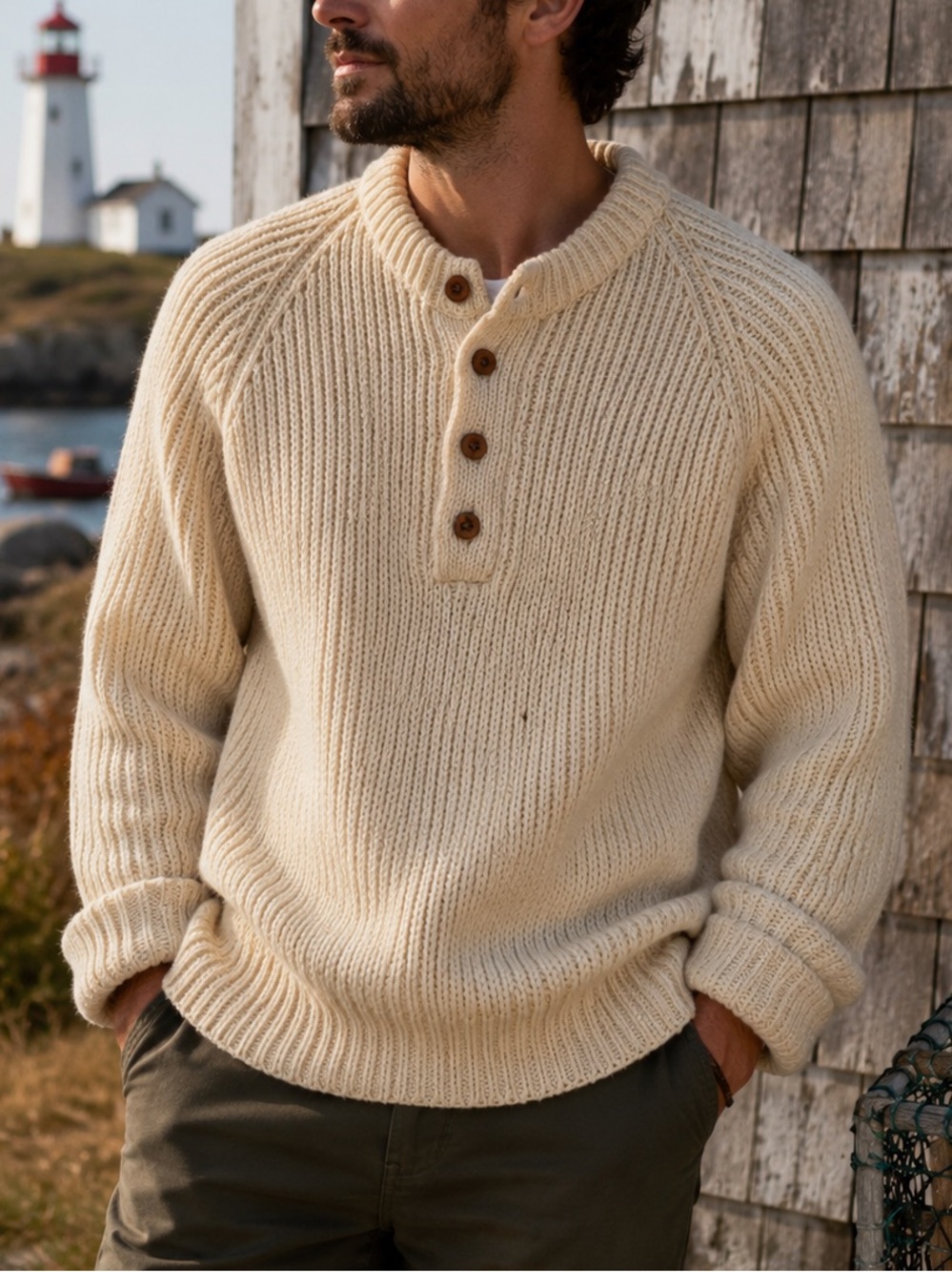 Vtg Chunky Hand Knit Wool Fisherman Sweater Mens M Cream Rustic Coastal Heritage